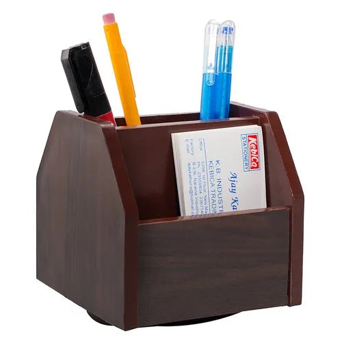 Kebica pen/pencil holder Rotatable Wooden Desk Organiser/Pen Stand/Card Holder/Stationary Stand for Office and Students use (Brown)