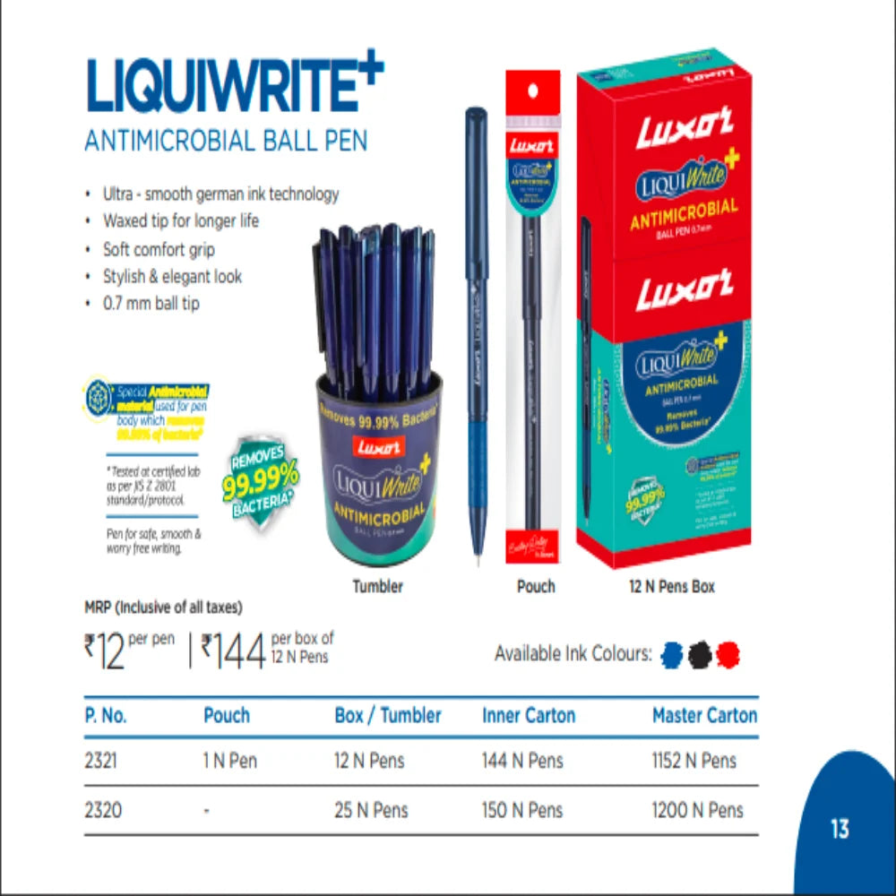 Luxor LIQUIWRITE+ ANTIMICROBIAL BALL PEN, For Writing, Model Name/Number: 2321/2320