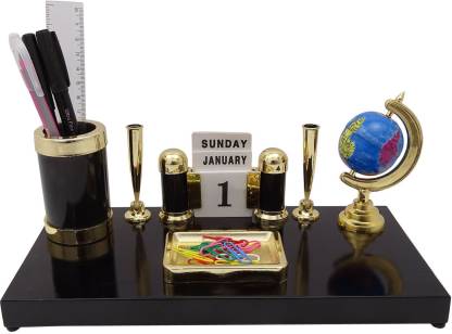 Kebica Decorative Pen Stand with 2 Pen Holder, Calendar and Globe for Office Table