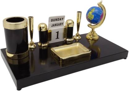 Kebica Decorative Pen Stand with 2 Pen Holder, Calendar and Globe for Office Table