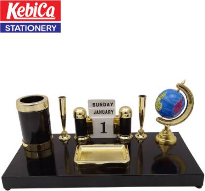 Kebica Decorative Pen Stand with 2 Pen Holder, Calendar and Globe for Office Table