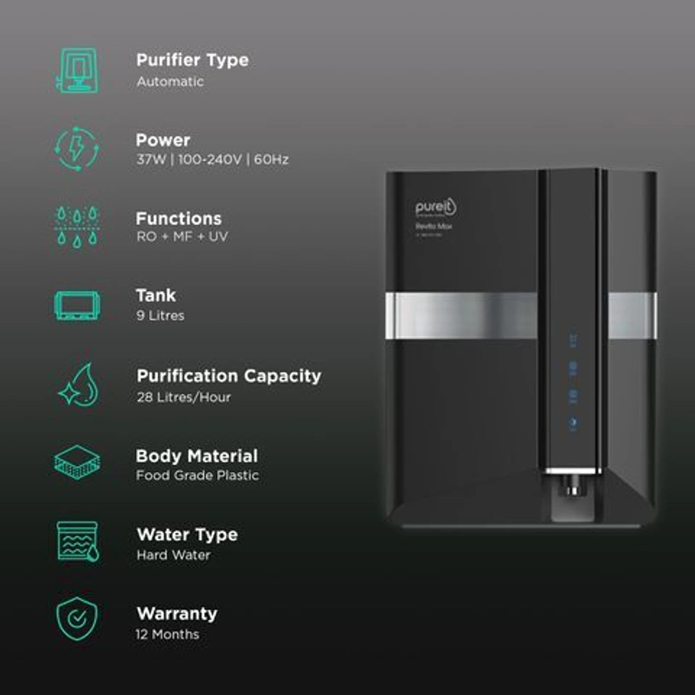 Pureit REVITO MAX 9 L RO + In-tank UV + Minerals Water Purifier (sd)