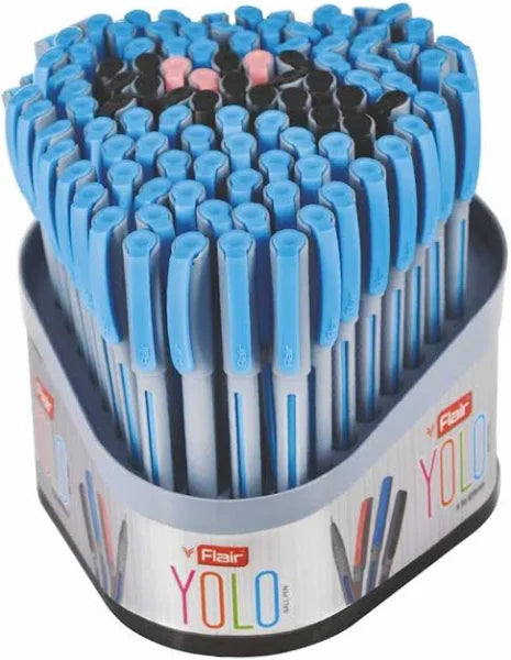 FLAIR Yolo 0.6mm Ball Pen Box Pack | Light Weight Sleek Body With Smooth Performance | Low-Viscosity Ink For Smudge Free, Fine & Smooth Writing | Blue Ink, Pack of 100 Pens