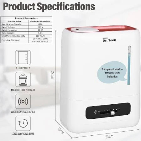 Dr. Tech J820 Ultrasonic Humidifier Cool Mist Air Purifier Dryness Cold & Cough Large Capacity Ideal Fit for Indoors Office Babyroom Nursery and Bedro