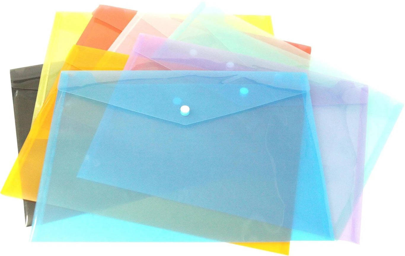 SAYA Eco Clear Bag Plain Clear SY228 Pack of 24 | Transparent Document File Bags with Button Closure | Waterproof Plastic Folder for A4/FS Documents | Office, School & Home Use