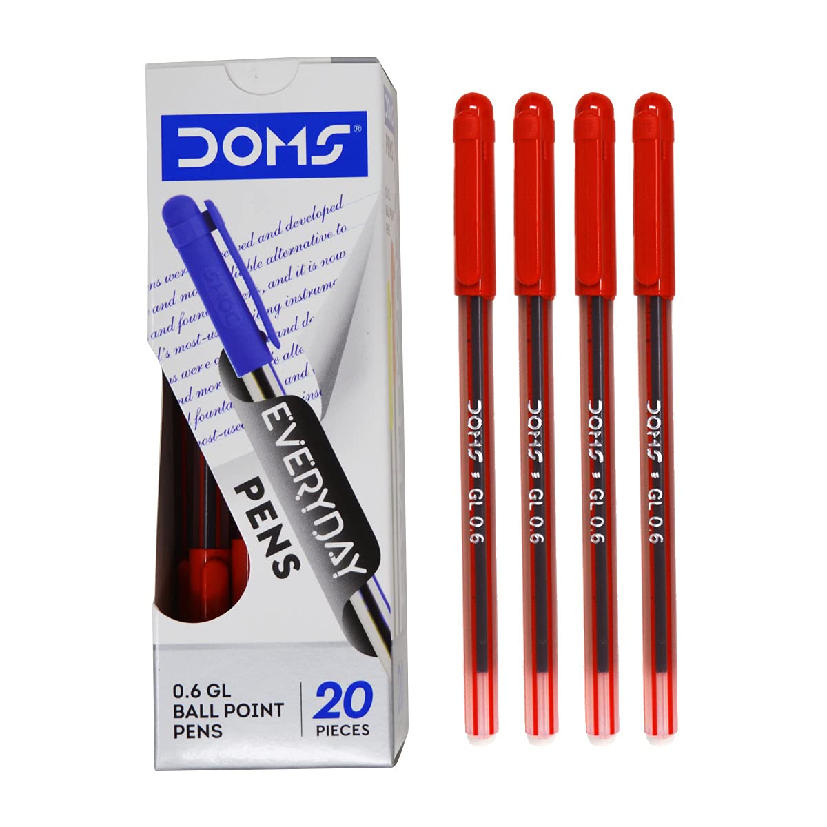 Doms DF 0.6 GL Ball Point Pens (Assorted colors Blue, Black, Red, ( Set of 20 pcs)